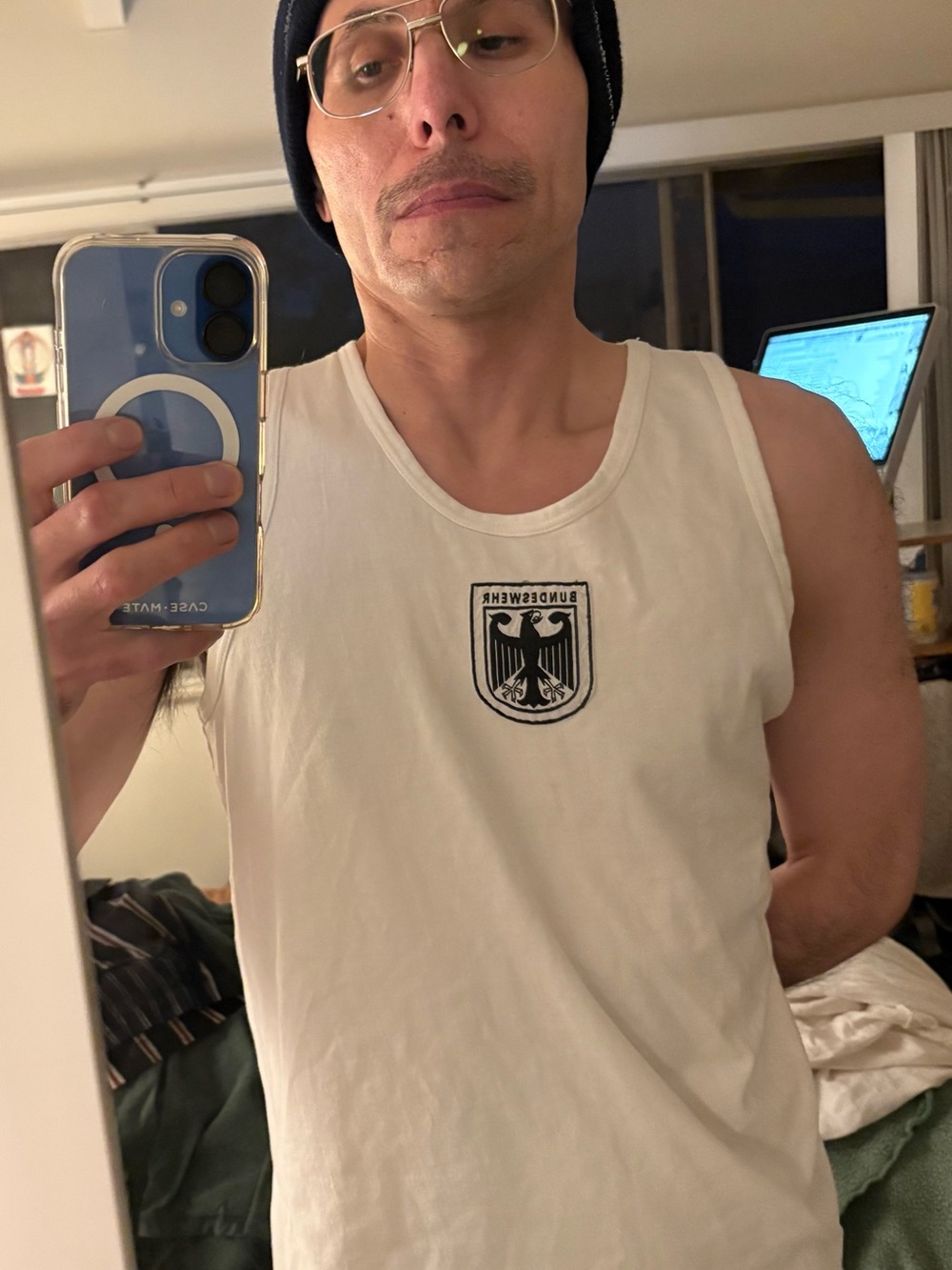 Tank top in White. Cotton. Embroidered black eagle crest. - Picture 7 of 14